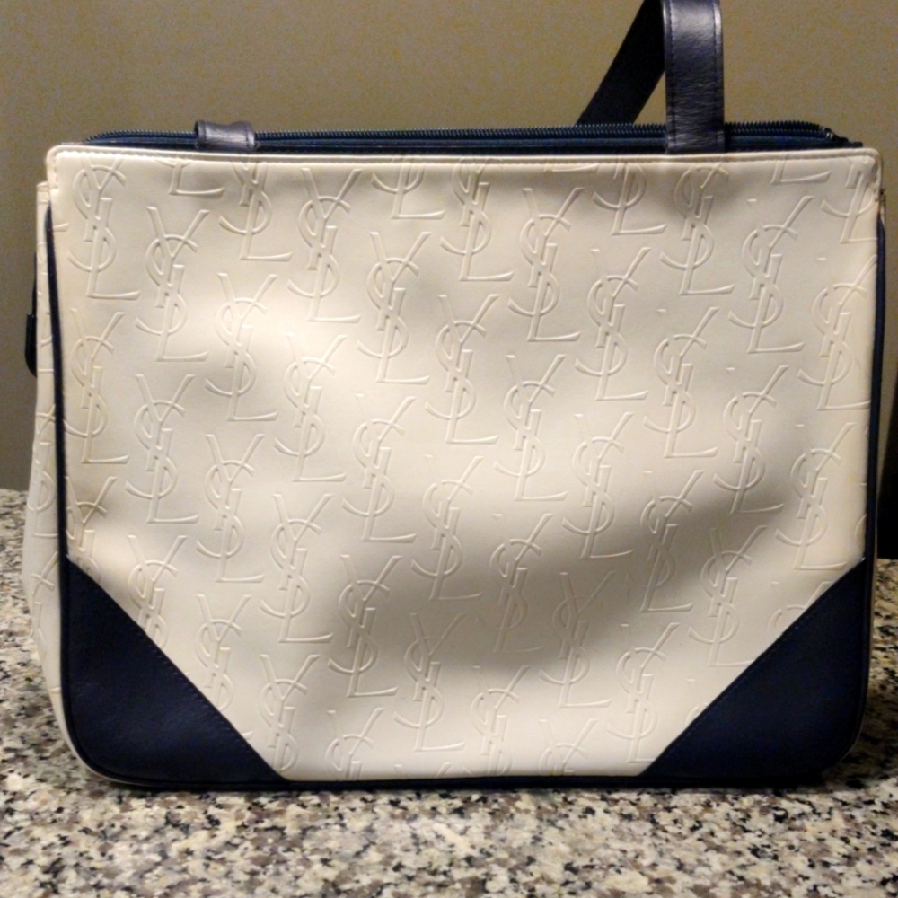 Yves Saint Laurent YSL White and Navy Shoulder Tote with Logo Design
